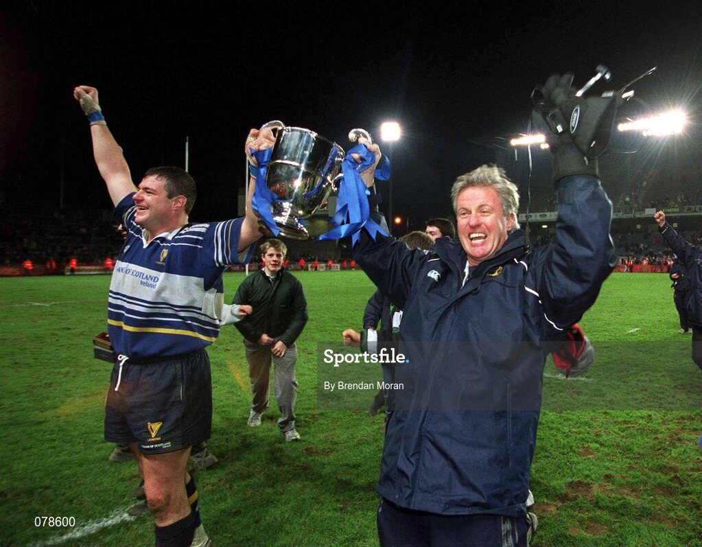 15 December 2001; Leinster coach Matt Williams and captain Reggie Corrigan celebrate with the Celtic League trophy. Leinster v Munster, Celtic League, Final, Lansdowne Road, Dublin. Rugby. Picture credit; Brendan Moran / SPORTSFILE