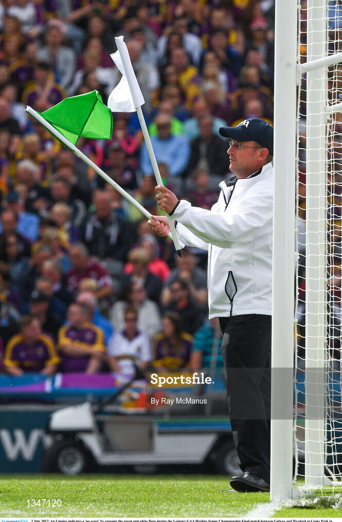 2 July 2017; An Umpire indicates a 'no score' by crossing the green and white flags during the Leinster GAA Hurling Senior Championship Final match between Galway and Wexford at Croke Park in Dublin. Photo by Ray McManus/Sportsfile
