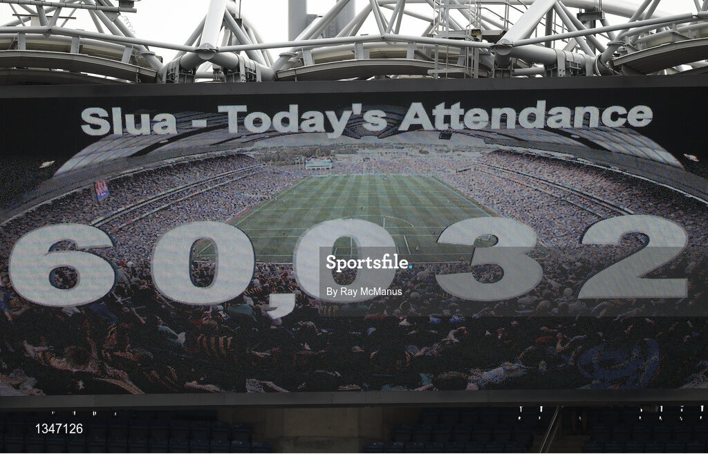2 July 2017; The scoreboard indicates a record attendance of 60,032 during the Leinster GAA Hurling Senior Championship Final match between Galway and Wexford at Croke Park in Dublin. Photo by Ray McManus/Sportsfile