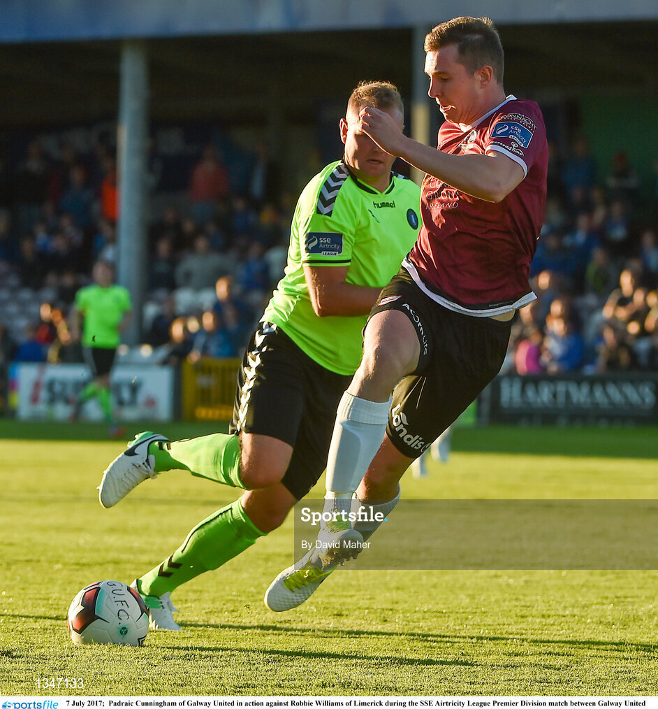 7 July 2017;  Padraic Cunningham of Galway United in action against Robbie Williams of Limerick during the SSE Airtricity League Premier Division match between Galway United and Limerick at Eamonn Deacy Park in Galway. Photo by David Maher/Sportsfile