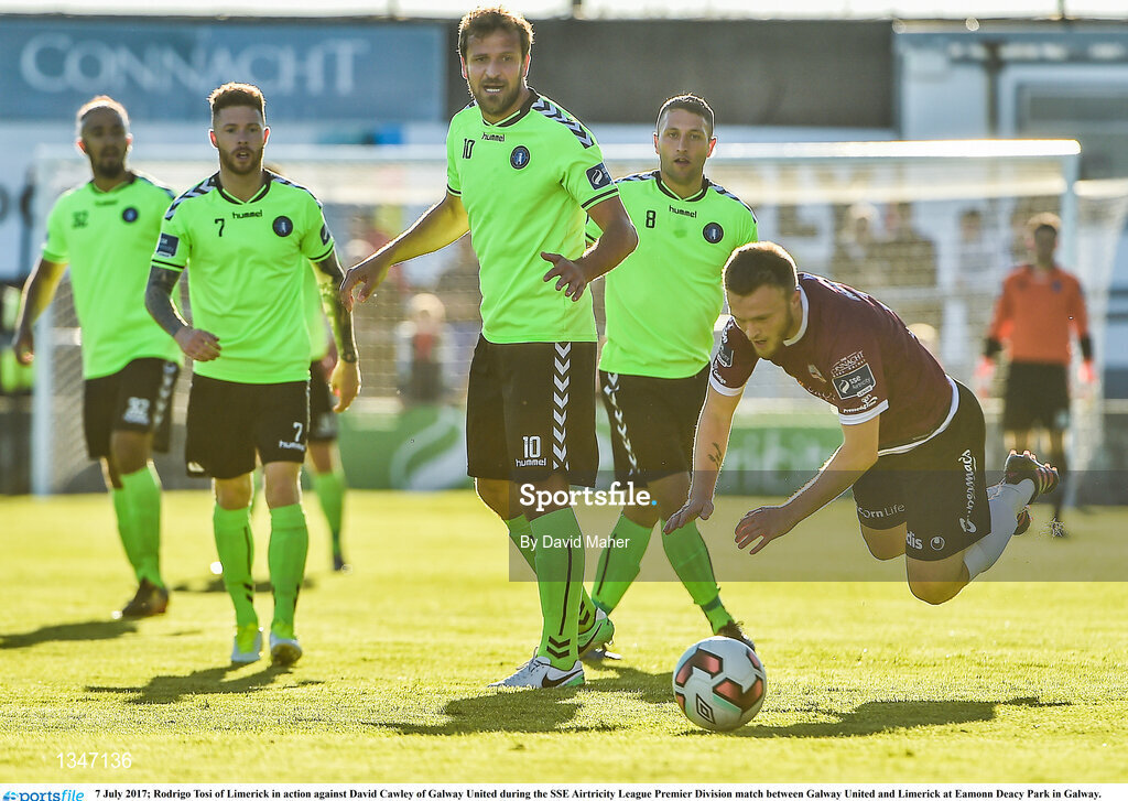 7 July 2017; Rodrigo Tosi of Limerick in action against David Cawley of Galway United during the SSE Airtricity League Premier Division match between Galway United and Limerick at Eamonn Deacy Park in Galway. Photo by David Maher/Sportsfile