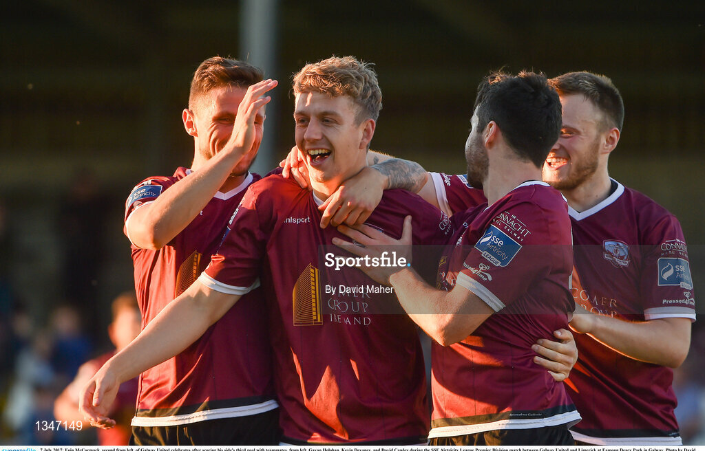 7 July 2017; Eoin McCormack, second from left, of Galway United celebrates after scoring his side's third goal with teammates, from left, Gavan Holohan, Kevin Devaney, and David Cawley during the SSE Airtricity League Premier Division match between Galway United and Limerick at Eamonn Deacy Park in Galway. Photo by David Maher/Sportsfile