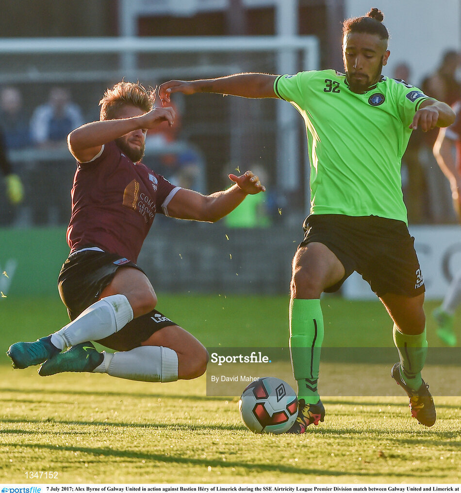 7 July 2017; Alex Byrne of Galway United in action against Bastien Héry of Limerick during the SSE Airtricity League Premier Division match between Galway United and Limerick at Eamonn Deacy Park in Galway. Photo by David Maher/Sportsfile