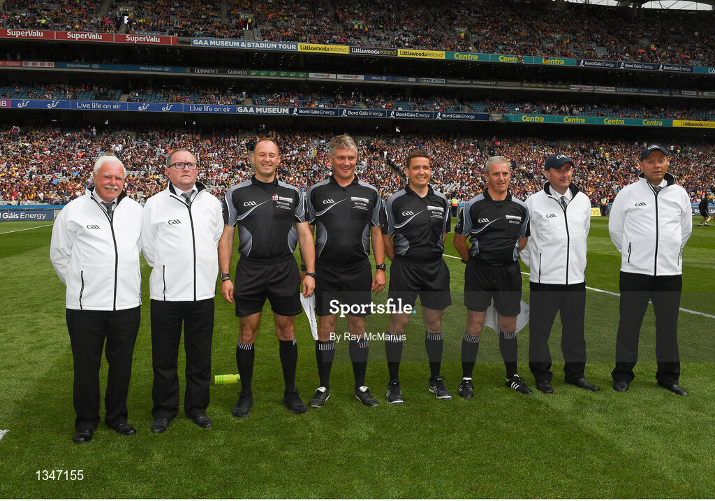 2 July 2017; Referee Colm Lyons and his officials before the start of the Leinster GAA Hurling Senior Championship Final match between Galway and Wexford at Croke Park in Dublin. Photo by Ray McManus/Sportsfile