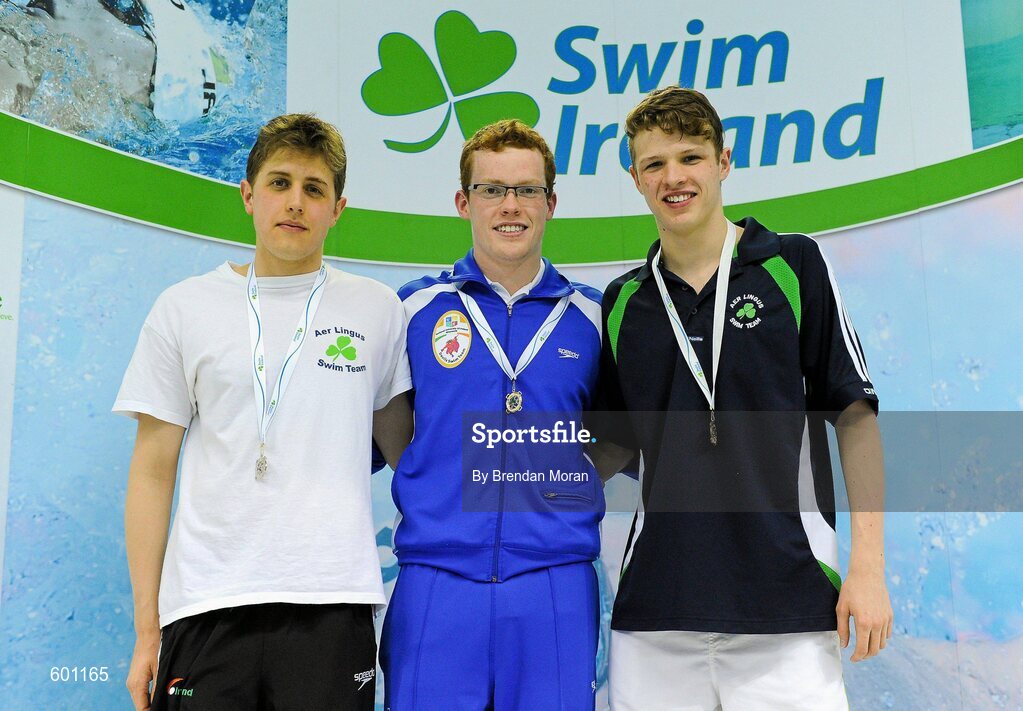 2 March 2012; Medallists in the Men's 400m Freestyle, from left, Andrew Meegan, silver, Aer Lingus SC, Seamus Stacey, gold, NUIM Devils SC, Maynooth, and Conor Turner, bronze, Aer Lingus SC, during the Irish Long Course National Swimming Championships/Olympic Trials. National Aquatic Centre, Abbotstown, Dublin. Picture credit: Brendan Moran / SPORTSFILE