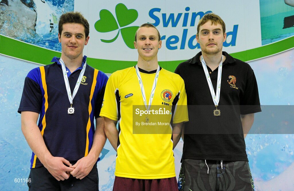 2 March 2012; Medallists in the Men's 50m Backstroke, from left, Jordan Sloan, silver, Bangor SC, Karl  Burdis, gold, Portmarnock SC, and Colm Dowling, bronze, Kilkenny SC, during the Irish Long Course National Swimming Championships/Olympic Trials. National Aquatic Centre, Abbotstown, Dublin. Picture credit: Brendan Moran / SPORTSFILE