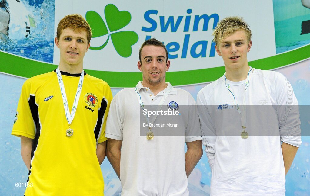 2 March 2012; Medallists in the Men's 200m Backstroke, from left, Jack Cobain, silver, Portmarnock SC, William Ensor, gold, ESB SC, and Mark Keaveney, bronze, Trojan SC, during the Irish Long Course National Swimming Championships/Olympic Trials. National Aquatic Centre, Abbotstown, Dublin. Picture credit: Brendan Moran / SPORTSFILE