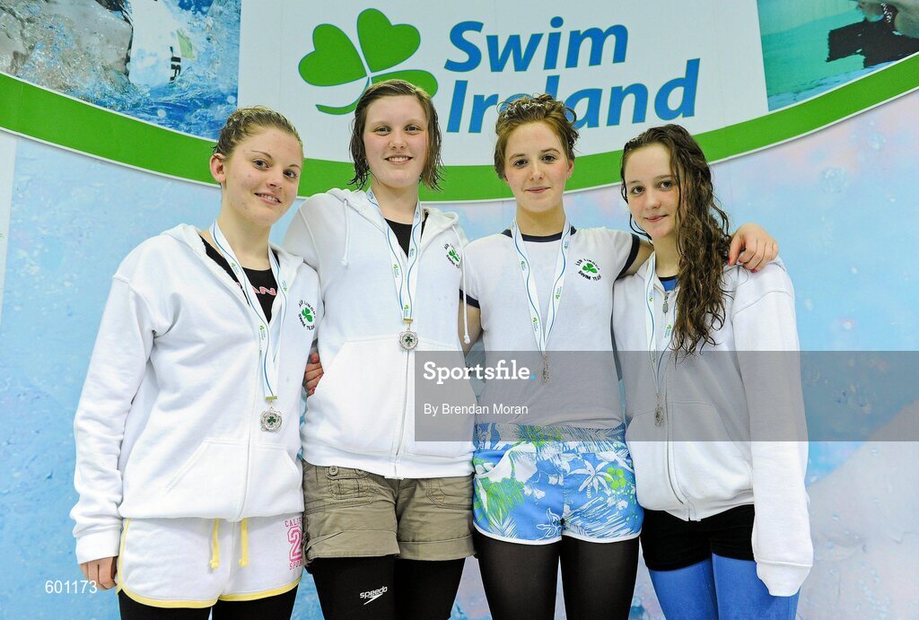 2 March 2012; Silver medallists in the Women's 4 x 100m Medley, the team from Aer Lingus SC, from left, Sarah Taaffe, Niamh Morgan, Catrina English and Ali Berry during the Irish Long Course National Swimming Championships/Olympic Trials. National Aquatic Centre, Abbotstown, Dublin. Picture credit: Brendan Moran / SPORTSFILE