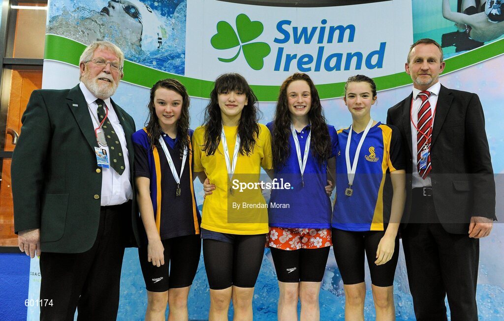 2 March 2012; Bronze medallists in the Women's 4 x 100m Medley, the team from Bangor SC, from left, Emma Reid, Jenny Drennan, Mary Kate McDowell and Gemma Kane  with Wally Clarke, left, President, Swim Ireland, and Kevin West, Carlton Hotels, during the Irish Long Course National Swimming Championships/Olympic Trials. National Aquatic Centre, Abbotstown, Dublin. Picture credit: Brendan Moran / SPORTSFILE