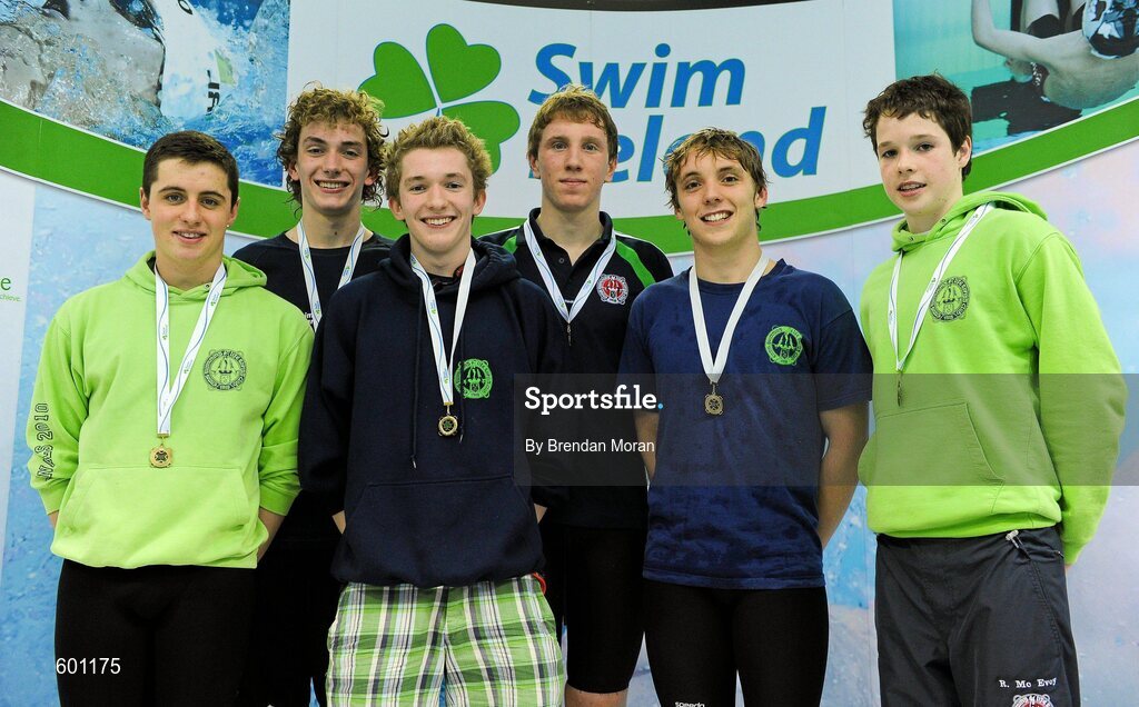 2 March 2012; Bronze medallists in the Men's 4 x 100m Medley, the team from Ennis SC, from left, Conor Rooney, Teddy Pender, Patrick Pender, Bernard Cahill, Dylan Barrett and Rory McEvoy, during the Irish Long Course National Swimming Championships/Olympic Trials. National Aquatic Centre, Abbotstown, Dublin. Picture credit: Brendan Moran / SPORTSFILE