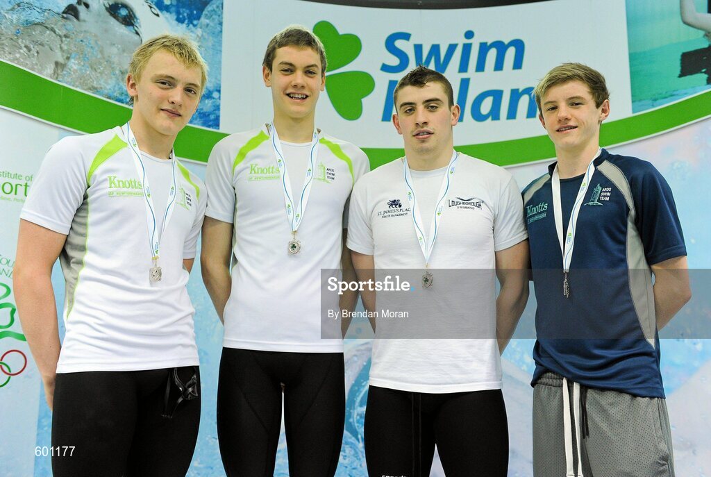 2 March 2012; Silver medallists in the Men's 4 x 100m Medley, the team from Ards SC, from left, James Brown, Curtis Coulter, Michael Dawson and Conor Munn, during the Irish Long Course National Swimming Championships/Olympic Trials. National Aquatic Centre, Abbotstown, Dublin. Picture credit: Brendan Moran / SPORTSFILE
