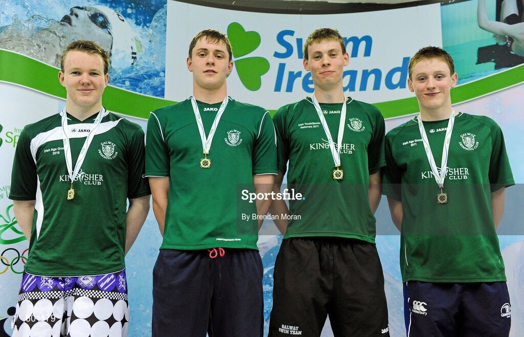 2 March 2012; Gold medallists in the Men's 4 x 100m Medley, the team from Galway SC, from left, Cian Duffy, Ruairi McGeever, Kevin McGlade and David O'Sullivan, during the Irish Long Course National Swimming Championships/Olympic Trials. National Aquatic Centre, Abbotstown, Dublin. Picture credit: Brendan Moran / SPORTSFILE