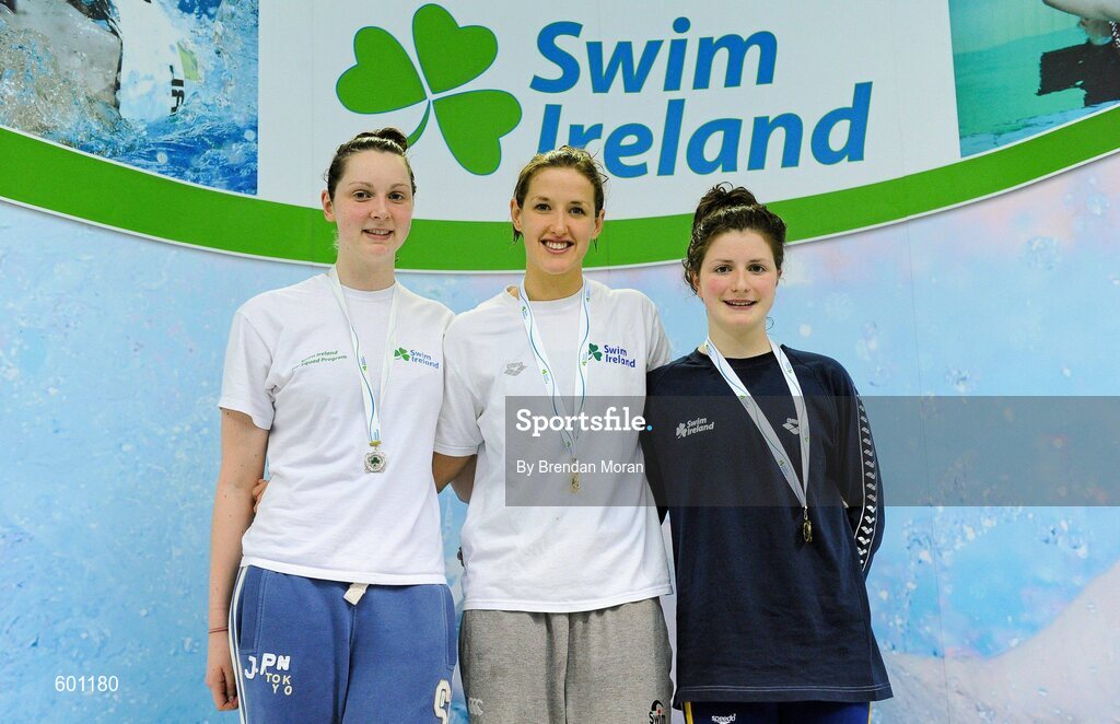 2 March 2012; Medallists in the Women's 200m Backstroke, from left, Chelsey Wilson, silver, Enniskillen Lakelanders SC, Melanie Nocher, gold, Ards SC, and Emma Cassidy, bronze, Sunday's Well SC, during the Irish Long Course National Swimming Championships/Olympic Trials. National Aquatic Centre, Abbotstown, Dublin. Picture credit: Brendan Moran / SPORTSFILE