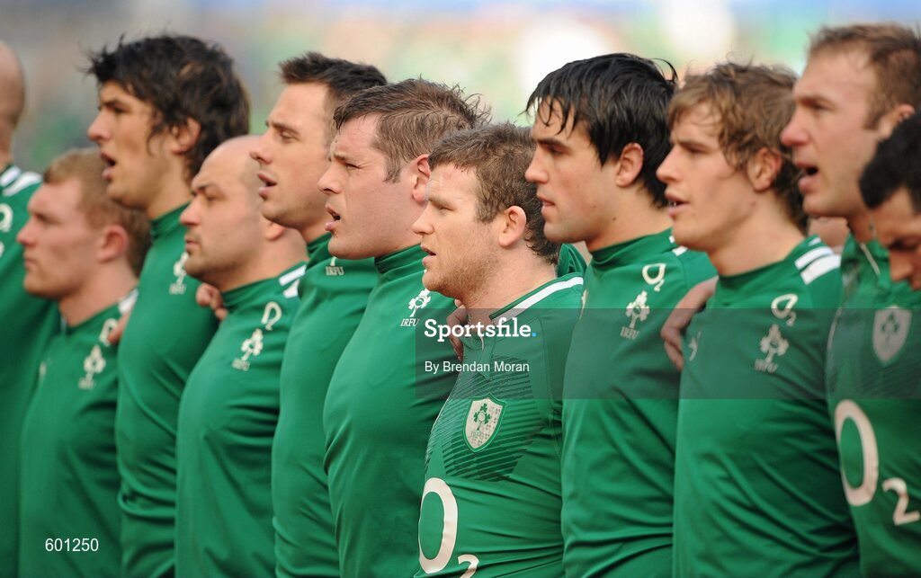 25 February 2012; Ireland players, from left, Keith Earls, Donncha O'Callaghan, Rory Best, Tommy Bowe, Mike Ross, Gordon D'Arcy, Conor Murray, Andrew Trimble and Stephen Ferris stand for the national anthems before the game. RBS Six Nations Rugby Championship, Ireland v Italy, Aviva Stadium, Lansdowne Road, Dublin. Picture credit: Brendan Moran / SPORTSFILE