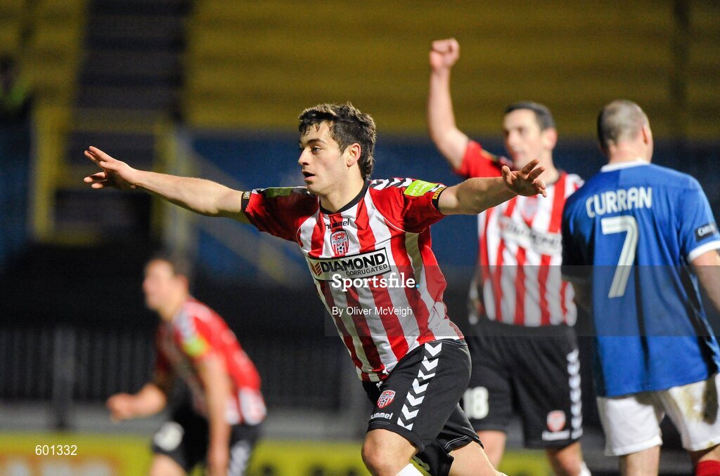 5 March 2012; Derry City's Kevin McDaid celebrates after scoring his side's first goal. 2012 Setanta Sports Cup, Quarter-Final, 1st Leg, Linfield v Derry City, Windsor Park, Belfast, Co. Antrim. Picture credit: Oliver McVeigh / SPORTSFILE