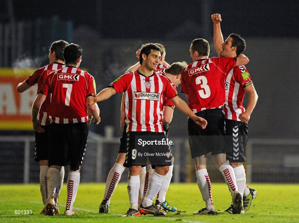 5 March 2012; Derry City's Kevin McDaid, 9, celebrates with his team-mates after scoring his side's first goal. 2012 Setanta Sports Cup, Quarter-Final, 1st Leg, Linfield v Derry City, Windsor Park, Belfast, Co. Antrim. Picture credit: Oliver McVeigh / SPORTSFILE