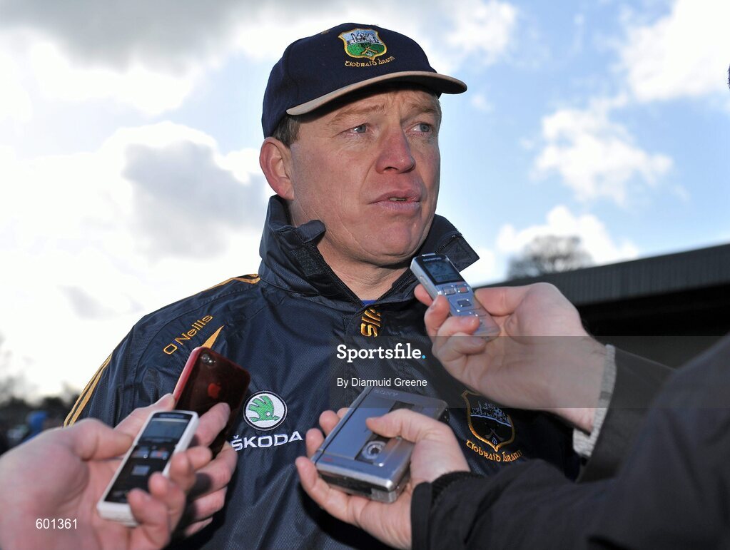 4 March 2012; Tipperary manager Declan Ryan speaks to journalists after the game. Waterford Crystal Cup Hurling Final, Clare v Tipperary, O'Garney Park, Sixmilebridge, Co. Clare. Picture credit: Diarmuid Greene / SPORTSFILE