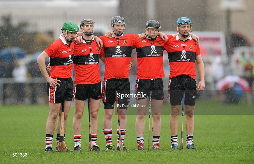 3 March 2012; UCC players, from left to right, William Egan, Dara Fives, Brian Murray, Philip Mahony and James Barry during the playing of the National Anthem. Irish Daily Mail Fitzgibbon Cup Final, University College Cork v Cork Institute of Technology, Mardyke Arena, Cork. Picture credit: Diarmuid Greene / SPORTSFILE