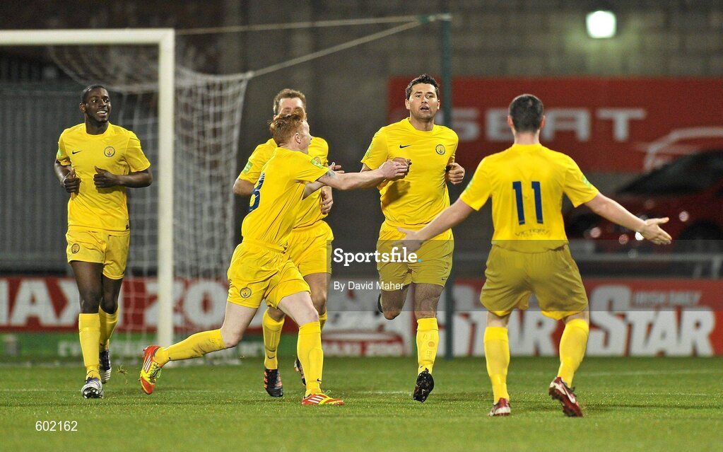 9 March 2012; Willo McDonagh, second from right, Monaghan United, celebrates after scoring his side's first goal with team-mates, left to right, Michael Isichei, Anthony Griffiths, Keith Quinn and no.11 Darragh Reynor. Airtricity League Premier Division, Shamrock Rovers v Monaghan United, Tallaght Stadium, Tallaght, Dublin. Picture credit: David Maher / SPORTSFILE