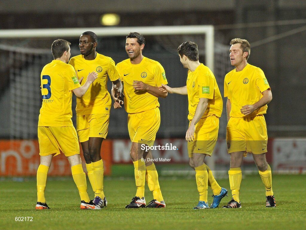 9 March 2012; Willo McDonagh, centre, Monaghan United, celebrates after scoring his side's first goal with team-mates, left to right, Jordan Keegan, Michael Isichei, Darragh Reynor and Anthony Griffiths. Airtricity League Premier Division, Shamrock Rovers v Monaghan United, Tallaght Stadium, Tallaght, Dublin. Picture credit: David Maher / SPORTSFILE