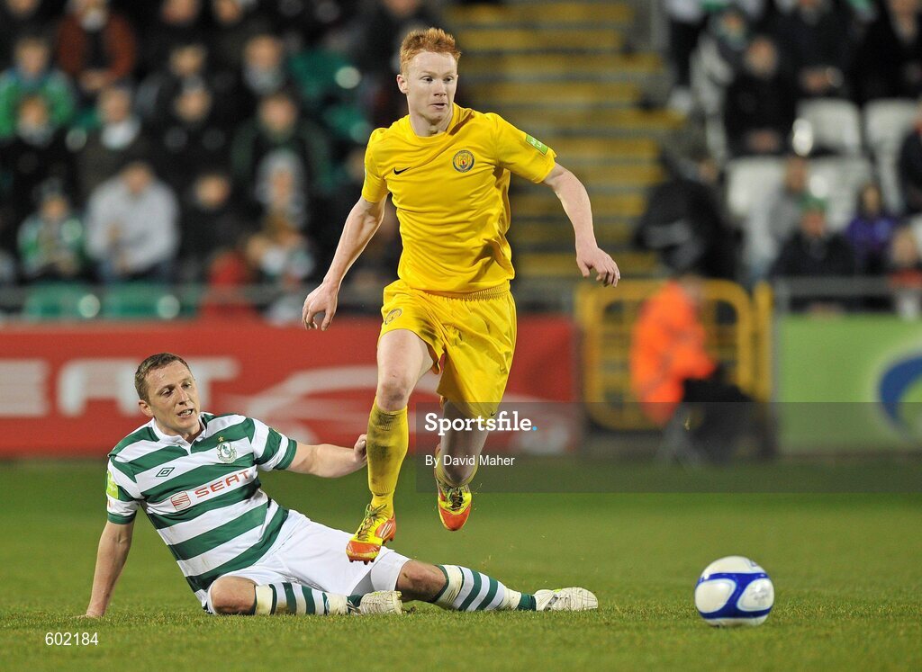 9 March 2012; Keith Quinn, Monaghan United, in action against Gary O'Neill, Shamrock Rovers. Airtricity League Premier Division, Shamrock Rovers v Monaghan United, Tallaght Stadium, Tallaght, Dublin. Picture credit: David Maher / SPORTSFILE