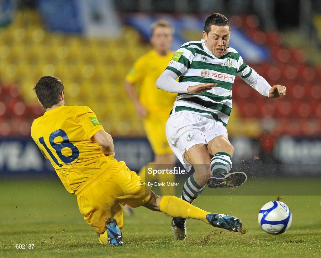 9 March 2012; Billy Dennehy, Shamrock Rovers, in action against Stephen Maher, Monaghan United. Airtricity League Premier Division, Shamrock Rovers v Monaghan United, Tallaght Stadium, Tallaght, Dublin. Picture credit: David Maher / SPORTSFILE