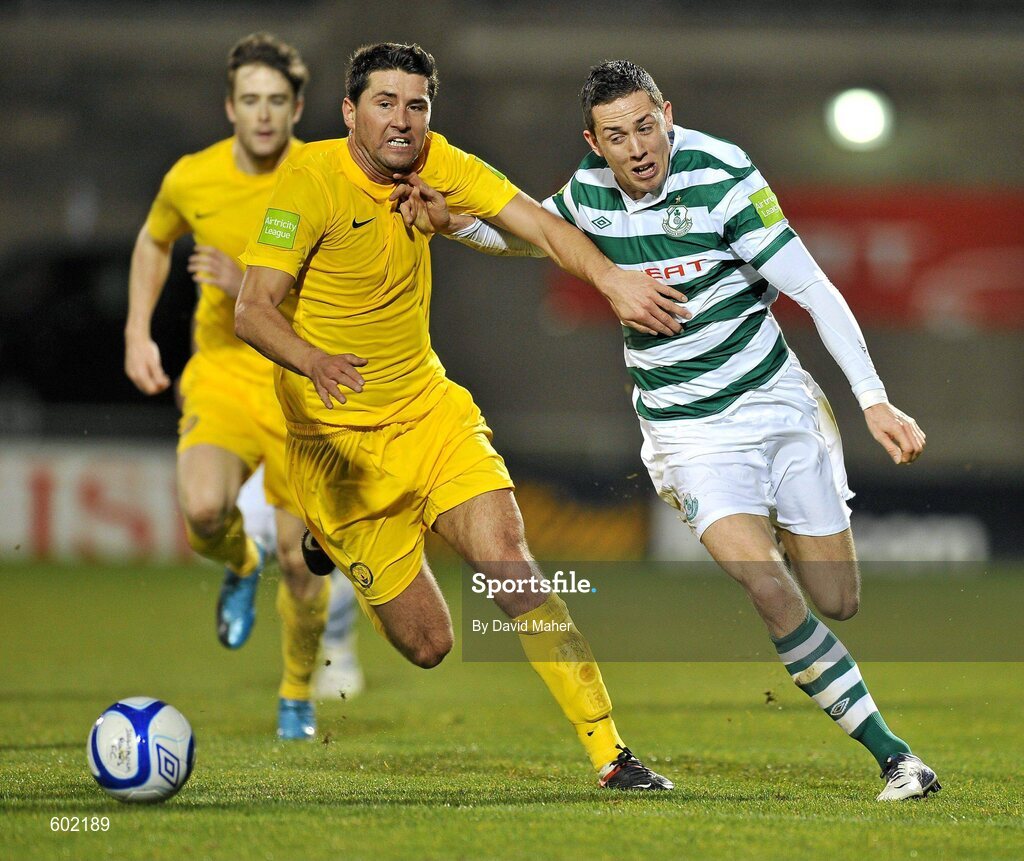 9 March 2012; Billy Dennehy, Shamrock Rovers, in action against Willo McDonagh, Monaghan United. Airtricity League Premier Division, Shamrock Rovers v Monaghan United, Tallaght Stadium, Tallaght, Dublin. Picture credit: David Maher / SPORTSFILE