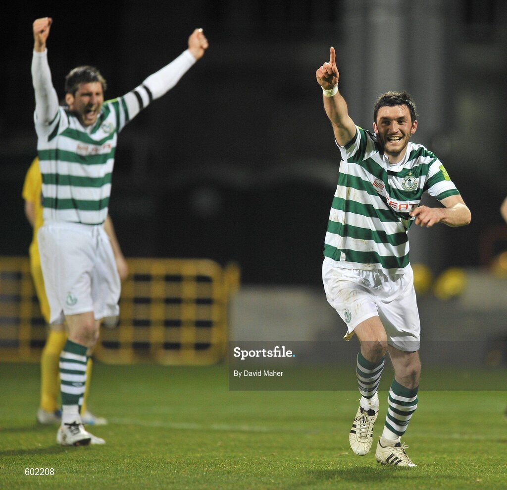 9 March 2012; Killian Brennan, Shamrock Rovers, celebrates after scoring his side's first goal with team-mate Ken Oman, left. Airtricity League Premier Division, Shamrock Rovers v Monaghan United, Tallaght Stadium, Tallaght, Dublin. Picture credit: David Maher / SPORTSFILE