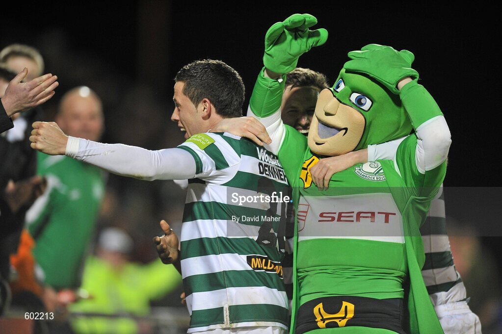 9 March 2012; Billy Dennehy, Shamrock Rovers, celebrates after scoring his side's second goal with Shamrock Rovers mascot Hooperman. Airtricity League Premier Division, Shamrock Rovers v Monaghan United, Tallaght Stadium, Tallaght, Dublin. Picture credit: David Maher / SPORTSFILE