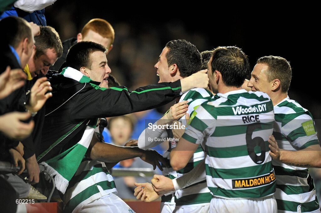 9 March 2012; Billy Dennehy, centre, Shamrock Rovers, celebrates after scoring his side's second goal with team-mates Stephen Rice and Gary O'Neill, right. Airtricity League Premier Division, Shamrock Rovers v Monaghan United, Tallaght Stadium, Tallaght, Dublin. Picture credit: David Maher / SPORTSFILE