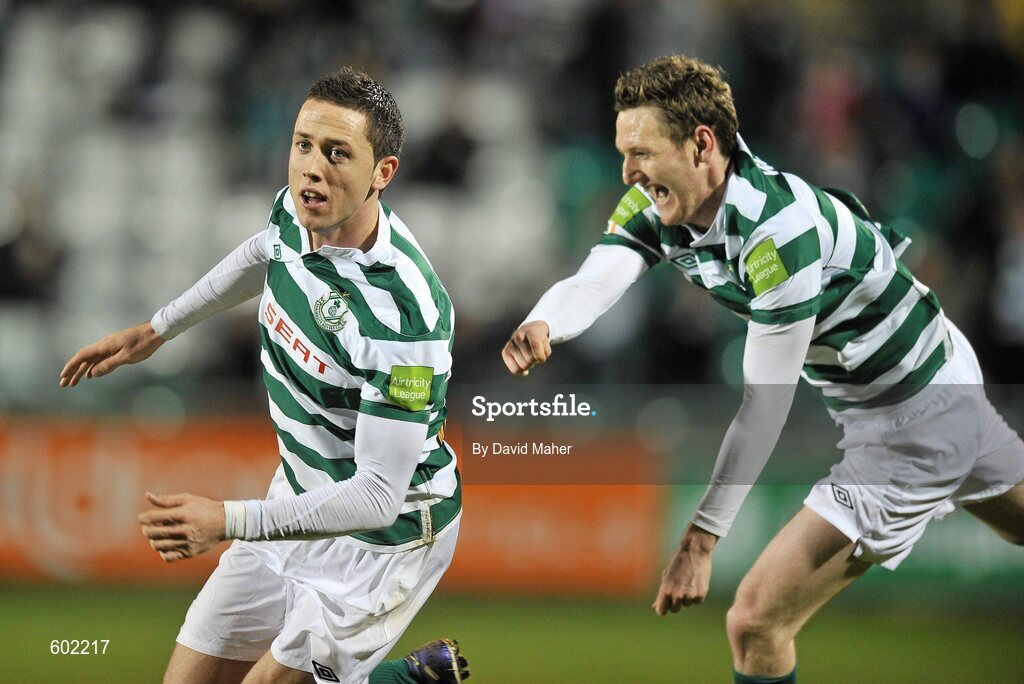 9 March 2012; Billy Dennehy, left, Shamrock Rovers, celebrates after scoring his side's second goal with team-mate Gary Twigg. Airtricity League Premier Division, Shamrock Rovers v Monaghan United, Tallaght Stadium, Tallaght, Dublin. Picture credit: David Maher / SPORTSFILE