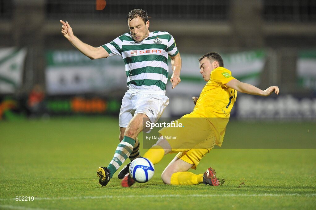 9 March 2012; Stephen Rice, Shamrock Rovers, is fouled by Darragh Reynor, Monaghan United, resulting in referee Graham Kelly sending off the Monaghan United player. Airtricity League Premier Division, Shamrock Rovers v Monaghan United, Tallaght Stadium, Tallaght, Dublin. Picture credit: David Maher / SPORTSFILE