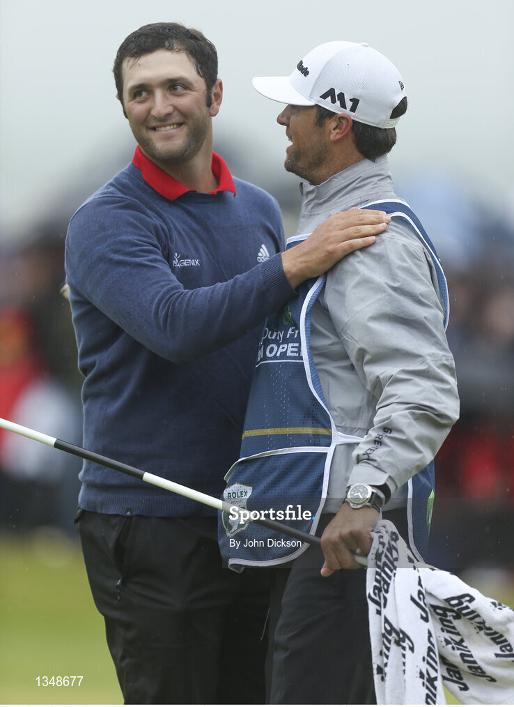 9 July 2017; Jon Rahm of Spain thanks his caddie Adam Hayes after he won the Dubai Duty Free Irish Open Golf Championship at Portstewart Golf Club in Portstewart, Co Derry. Photo by John Dickson/Sportsfile