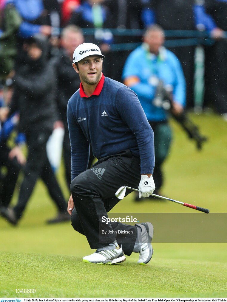 9 July 2017; Jon Rahm of Spain reacts to his chip going very close on the 18th during Day 4 of the Dubai Duty Free Irish Open Golf Championship at Portstewart Golf Club in Portstewart, Co Derry. Photo by John Dickson/Sportsfile