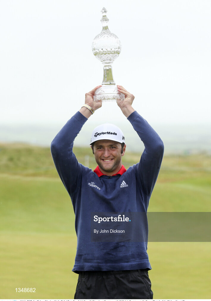 9 July 2017; Jon Rahm of Spain with the Dubai Duty Free Irish Open Golf trophy at Portstewart Golf Club in Portstewart, Co Derry. Photo by John Dickson/Sportsfile