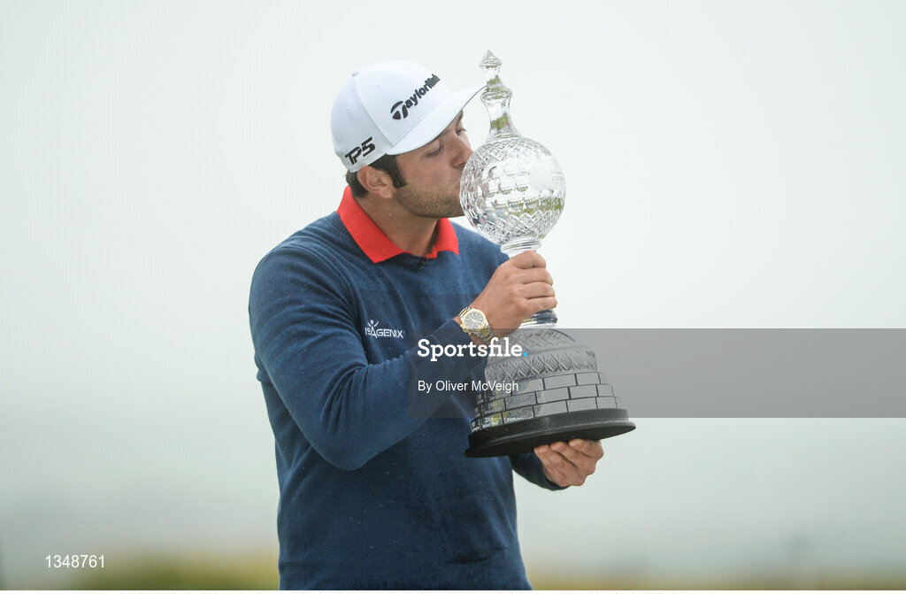 9 July 2017; Jon Rahm of Spain with theDubai Duty Free Irish Open trophy on the 18th green on Day 4 of the Dubai Duty Free Irish Open Golf Championship at Portstewart Golf Club in Portstewart, Co Derry. Photo by Oliver McVeigh/Sportsfile