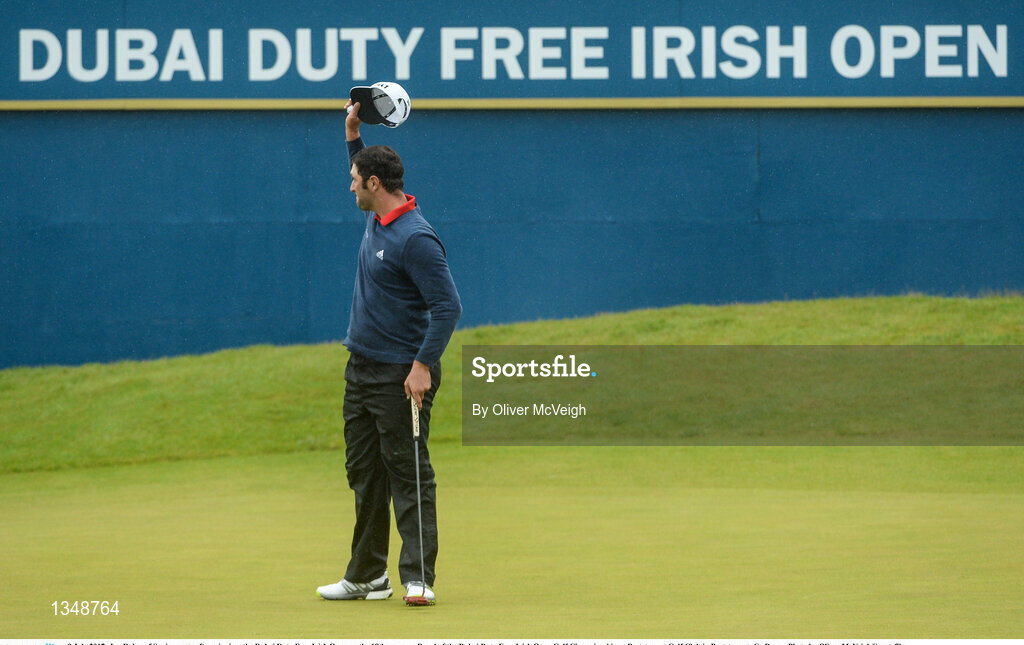 9 July 2017; Jon Rahm of Spain reacts after winning  the Dubai Duty Free Irish Open on the 18th green on Day 4 of the Dubai Duty Free Irish Open Golf Championship at Portstewart Golf Club in Portstewart, Co Derry. Photo by Oliver McVeigh/Sportsfile