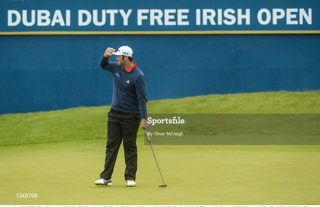 9 July 2017; Jon Rahm of Spain reacts with Daniel Im of USA after winning  the Dubai Duty Free Irish Open on the 18th green on Day 4 of the Dubai Duty Free Irish Open Golf Championship at Portstewart Golf Club in Portstewart, Co Derry. Photo by Oliver McVeigh/Sportsfile