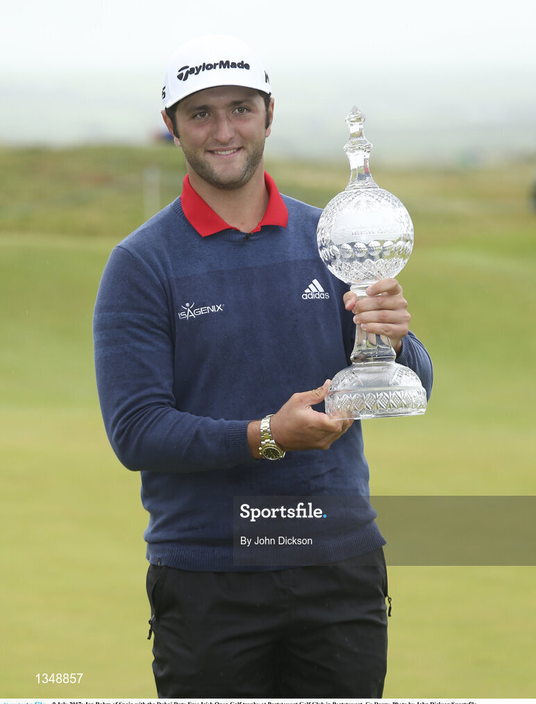9 July 2017; Jon Rahm of Spain with the Dubai Duty Free Irish Open Golf trophy at Portstewart Golf Club in Portstewart, Co Derry. Photo by John Dickson/Sportsfile