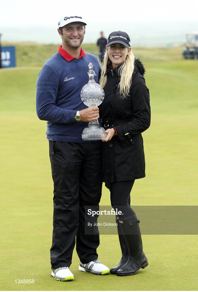 9 July 2017; Jon Rahm of Spain with his girlfriend Kelley Cahill and the Dubai Duty Free Irish Open Golf trophy at Portstewart Golf Club in Portstewart, Co Derry. Photo by John Dickson/Sportsfile