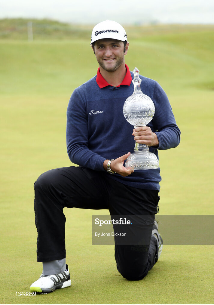 9 July 2017; Jon Rahm of Spain with the Dubai Duty Free Irish Open Golf trophy at Portstewart Golf Club in Portstewart, Co Derry. Photo by John Dickson/Sportsfile