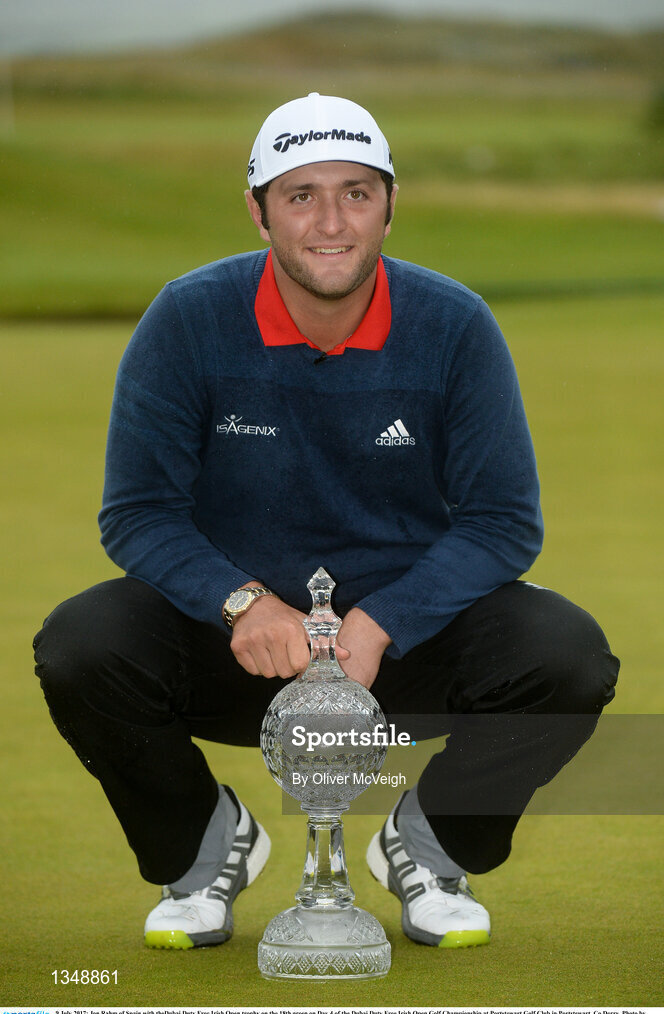 9 July 2017; Jon Rahm of Spain with theDubai Duty Free Irish Open trophy on the 18th green on Day 4 of the Dubai Duty Free Irish Open Golf Championship at Portstewart Golf Club in Portstewart, Co Derry. Photo by Oliver McVeigh/Sportsfile