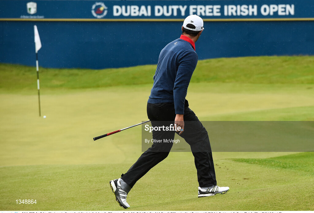9 July 2017; Jon Rahm of Spain reacts after nearly pitching in to the hole on the 18th green on Day 4 of the Dubai Duty Free Irish Open Golf Championship at Portstewart Golf Club in Portstewart, Co Derry. Photo by Oliver McVeigh/Sportsfile
