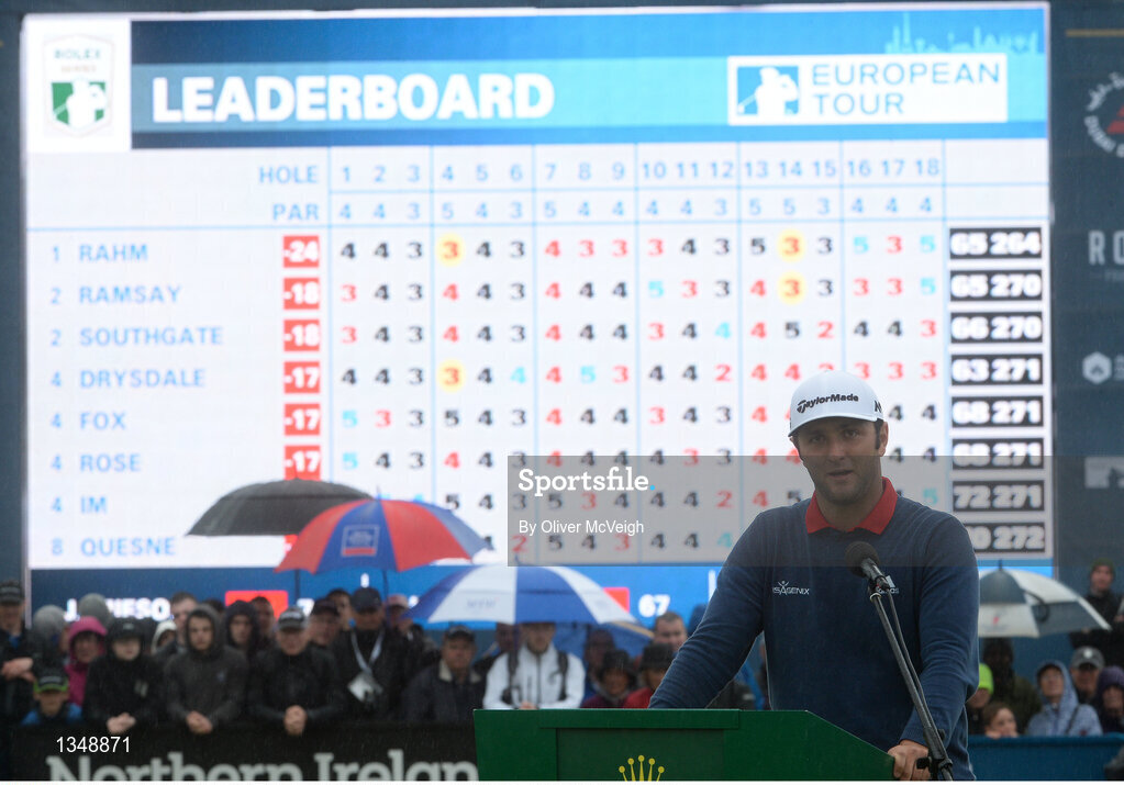 9 July 2017; Jon Rahm of Spain during his victory speech in the  Dubai Duty Free Irish Open Golf Championship at Portstewart Golf Club in Portstewart, Co Derry. Photo by Oliver McVeigh/Sportsfile