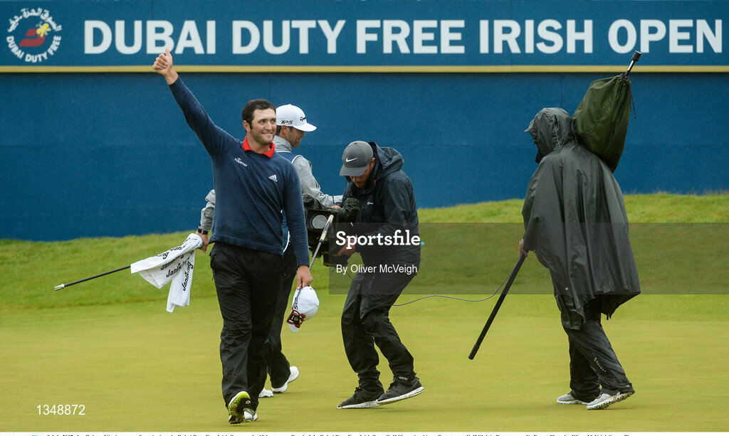 9 July 2017; Jon Rahm of Spain reacts after winning  the Dubai Duty Free Irish Open on the 18th green on Day 4 of the Dubai Duty Free Irish Open Golf Championship at Portstewart Golf Club in Portstewart, Co Derry. Photo by Oliver McVeigh/Sportsfile