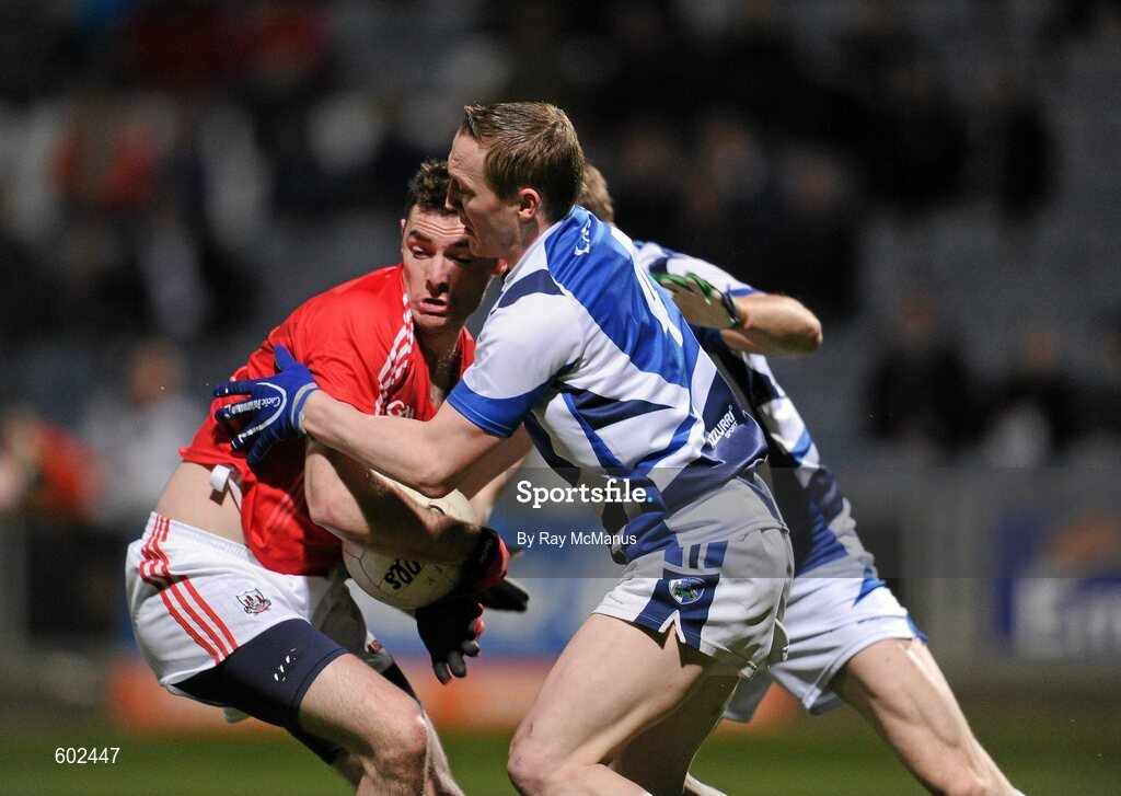 10 March 2012; Donncha O'Connor, Cork, in action against Peter O'Leary, 4, and Kieran Lillis, Laois. Allianz Football League, Division 1, Round 4, Laois v Cork, O'Moore Park, Portlaoise, Co. Laois. Picture credit: Ray McManus / SPORTSFILE