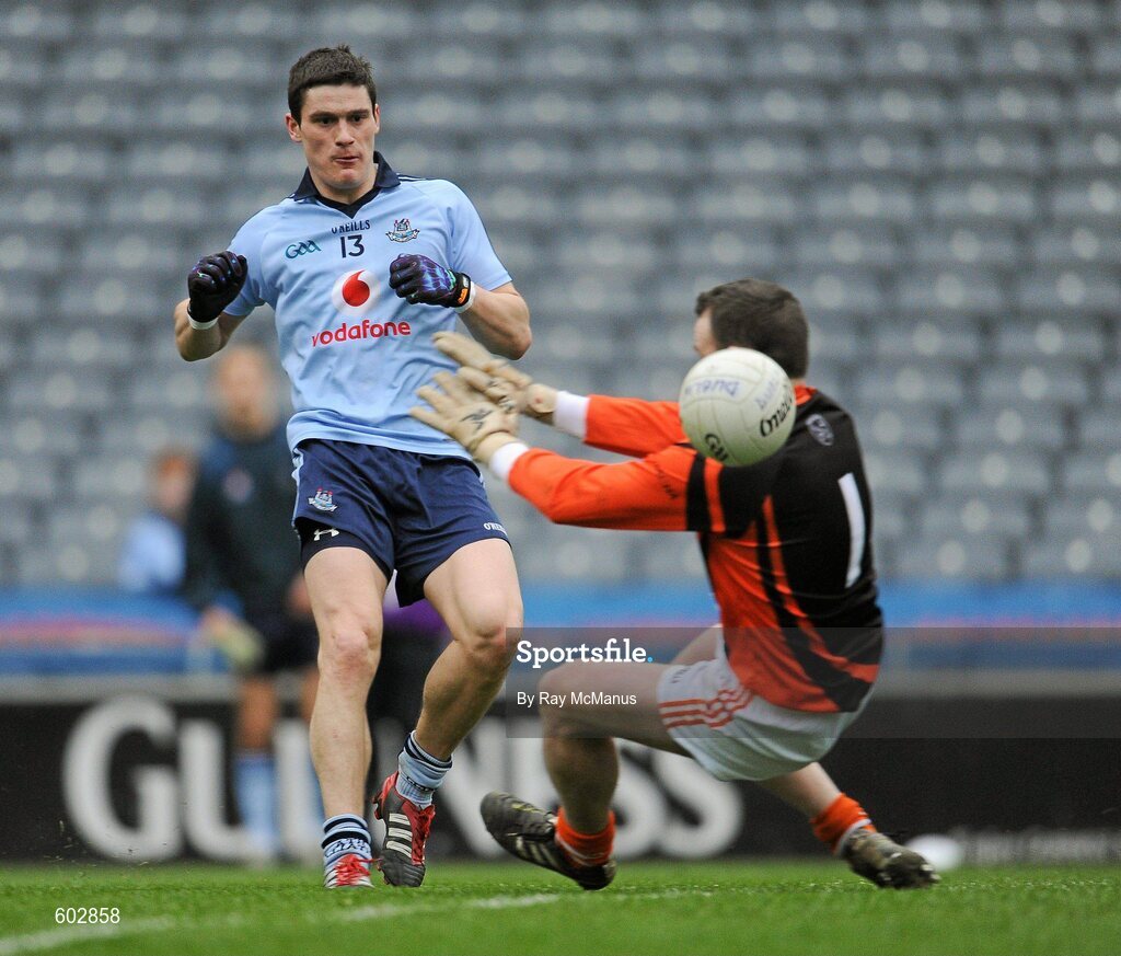 11 March 2012; Diarmuid Connolly shoots past the Armagh goalkeeper Philip McEvoy so score the fourth Dublin goal. Allianz Football League Division 1, Round 4, Dublin v Armagh, Croke Park, Dublin. Picture credit: Ray McManus / SPORTSFILE