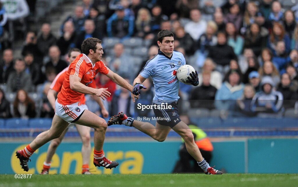 11 March 2012; Diarmuid Connolly races past the Armagh full back Brendan Donaghy on his way to score the fourth goal for Dublin. Allianz Football League Division 1, Round 4, Dublin v Armagh, Croke Park, Dublin. Picture credit: Ray McManus / SPORTSFILE