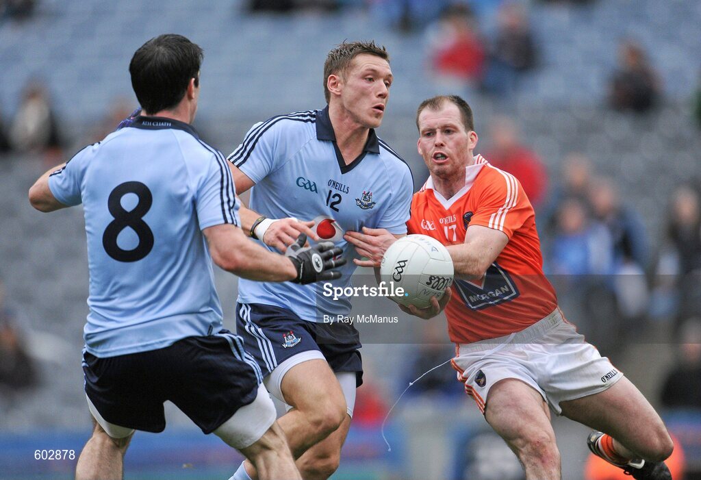 11 March 2012; Dublin's Paul Flynn, supported by Malachy Macklin, in action against the Armagh captain Ciaran McKeever. Allianz Football League Division 1, Round 4, Dublin v Armagh, Croke Park, Dublin. Picture credit: Ray McManus / SPORTSFILE