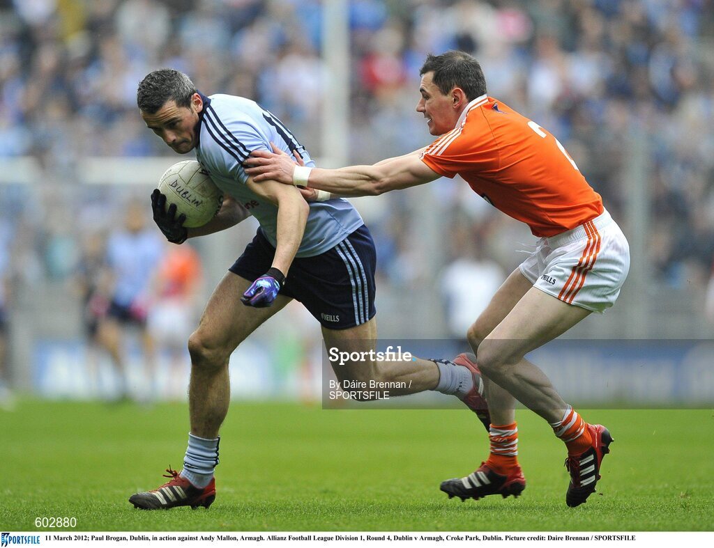 11 March 2012; Paul Brogan, Dublin, in action against Andy Mallon, Armagh. Allianz Football League Division 1, Round 4, Dublin v Armagh, Croke Park, Dublin. Picture credit: Daire Brennan / SPORTSFILE